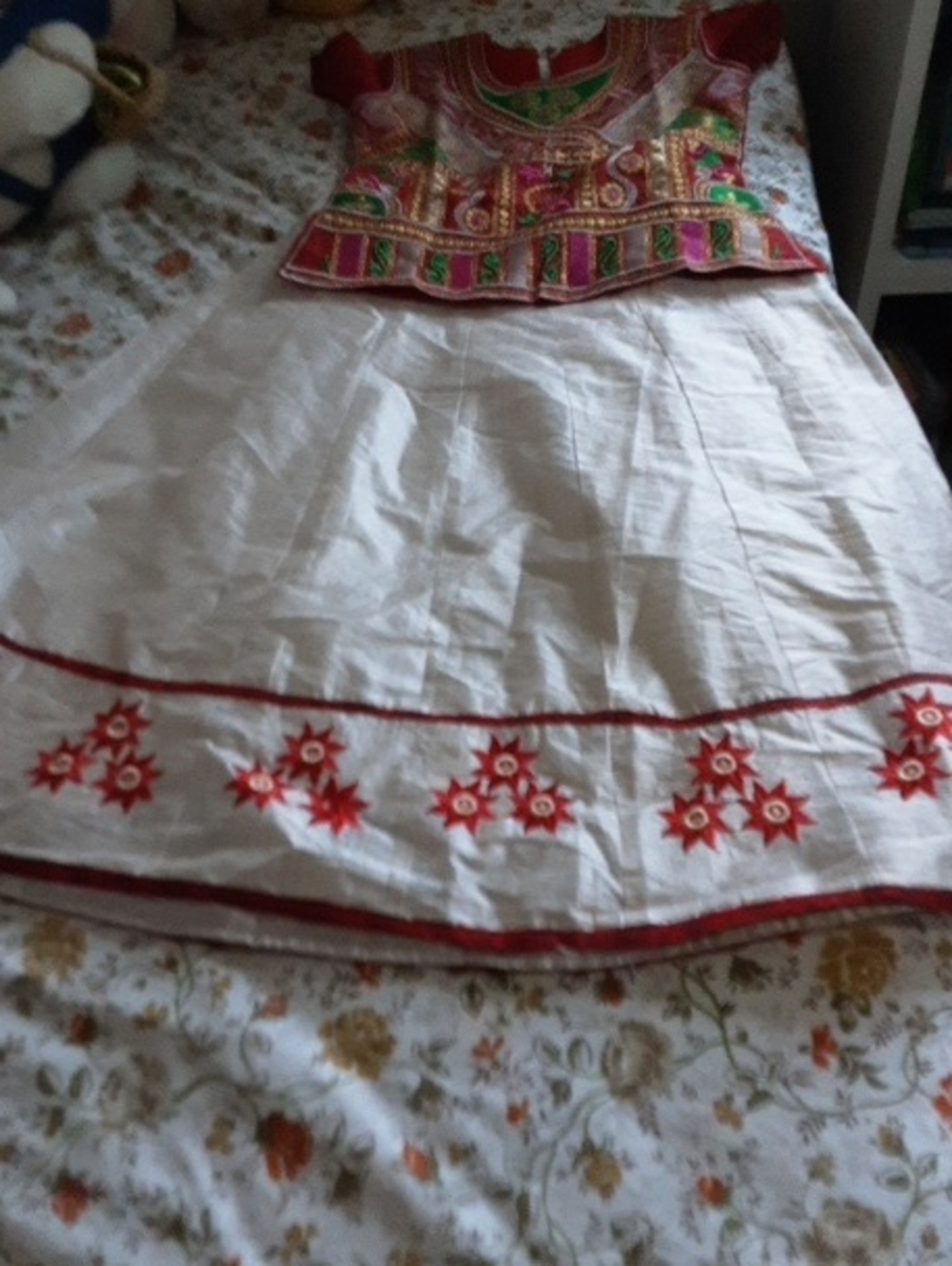 Embroidered White A-Line Women's Skirt with Red Floral Trim For 10-12 Years Girl
